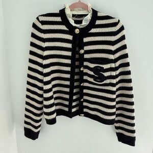 Sandro Black and White Striped woolen Cardigan